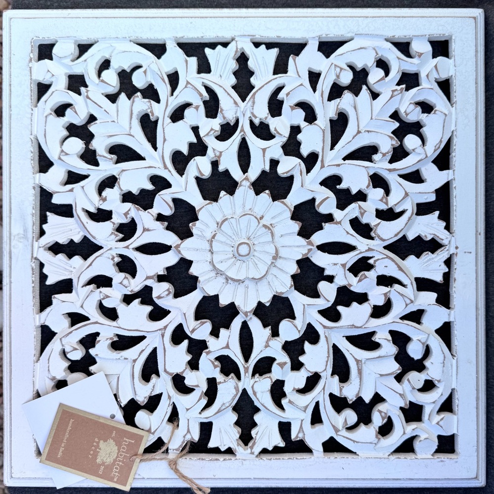 NEW Brewster Habitat 16” White Carved Wood Wall Panel Handmade NEW WITH TAGS